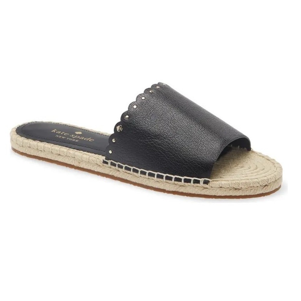 Kate Spade New York Gabriela Black Leather Scalloped Espadrille Slide Sandal 7B